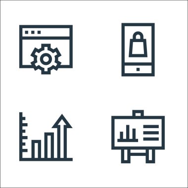 Pazarlama ve büyüme çizgisi simgeleri. Doğrusal küme. İstatistik, kar, akıllı telefon gibi kalite vektör çizgisi