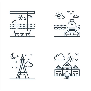 Turizm çizgisi simgeleri. Doğrusal küme. Alış veriş merkezi, Eyfel Kulesi, bagaj gibi kalite vektör çizgisi