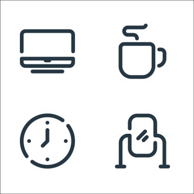 Mobilya çizgisi simgeleri. Doğrusal küme. Ayna, saat, kupa gibi kalite vektör çizgisi