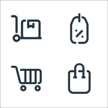 Alışveriş çizgisi simgeleri. Doğrusal küme. Alış veriş, alışveriş arabası, indirim gibi kalite vektör dizileri