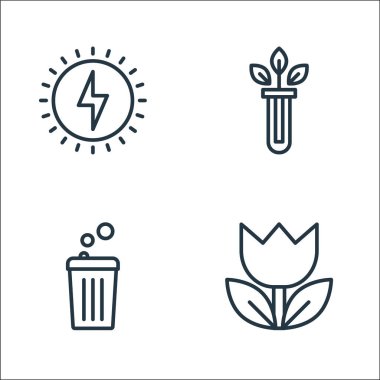 Ekoloji çizgisi simgeleri. Doğrusal küme. Çiçek, çöp kutusu, test tüpü gibi kalite vektör çizgisi