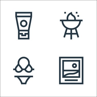 Yaz çizgisi simgeleri. Doğrusal küme. Resim, mayo, barbekü gibi kalite vektör çizgisi