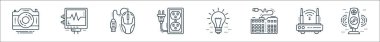Teknoloji cihazları çizgi simgeleri. Doğrusal küme. Woofer, modem, klavye, ampul, uzatma kablosu, fare, elektrokardiyogram gibi kalite vektör dizileri