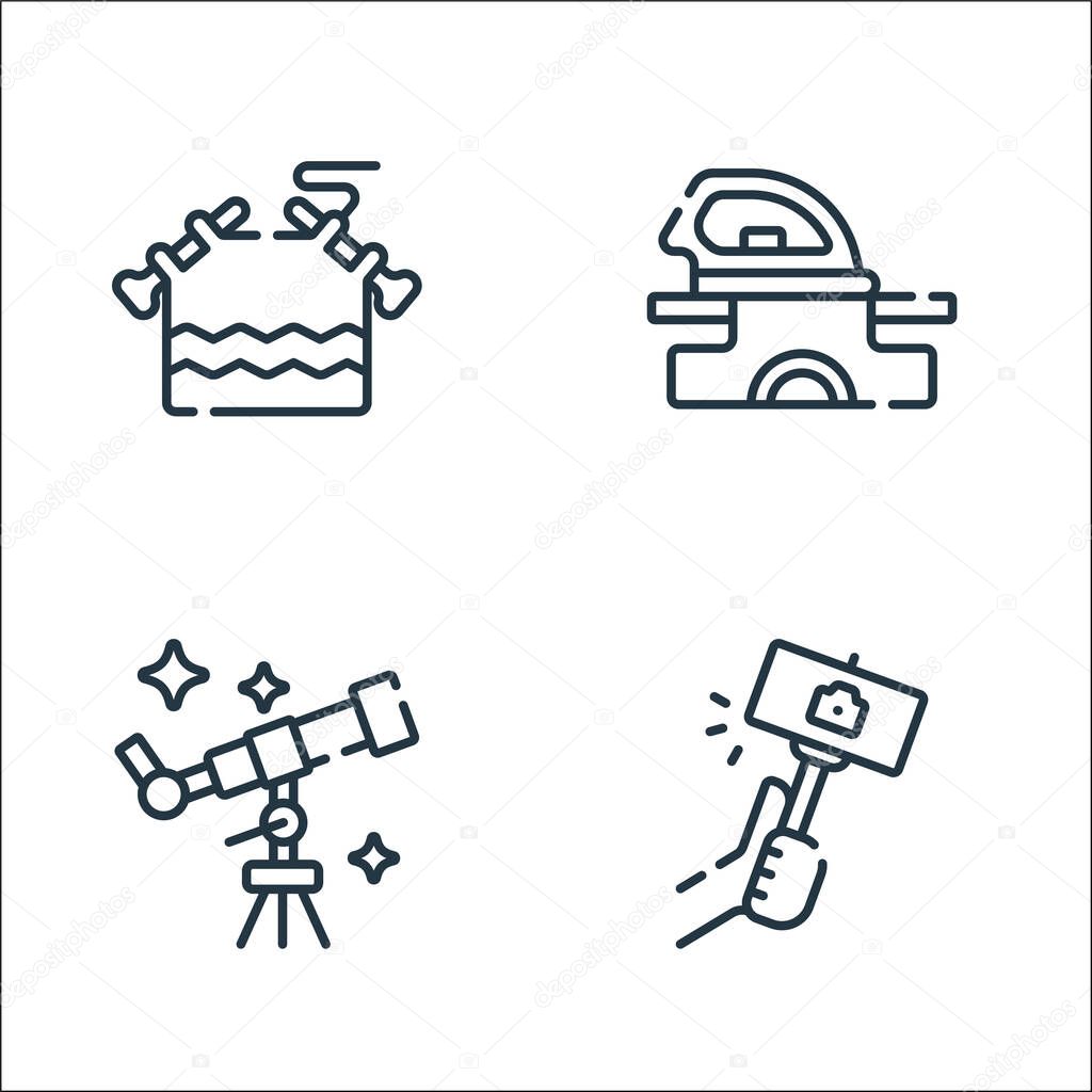 free time line icons. linear set. quality vector line set such as selfie, star gazing, clothes