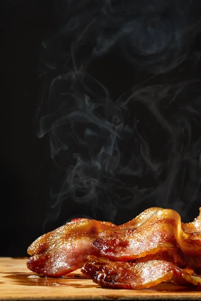 Slices Hot Freshly Cooked Bacon Resting Wood Board Steam Rising — Stock Photo, Image