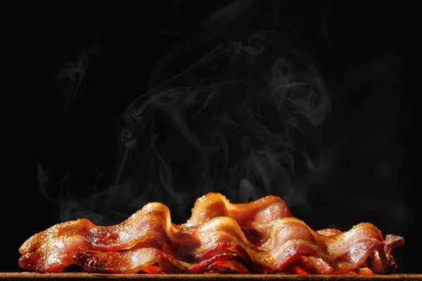 Pile Steaming Hot Freshly Cooked Bacon Room Text Black Background — Stock Photo, Image