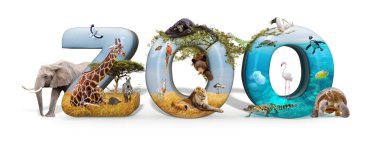 Zoo word in 3D with African nature wildlife animals and aquarium conceptual scene  clipart