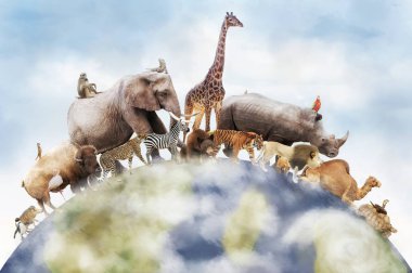 Dünya gezegeni, dünya hayvan günü kavramı çevresinde yaban hayatı kavramsal görüntü 