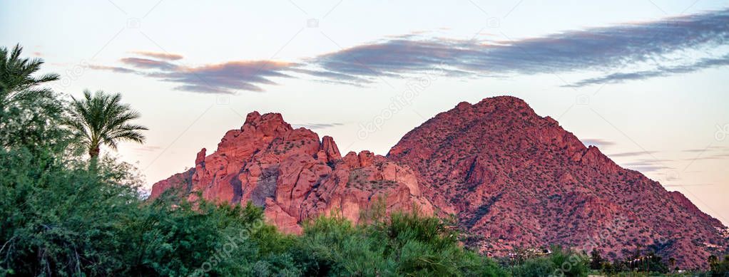 View of Camelback Mountain with Praying Monk Rock in Phoenix, Arizona, USA. Web Banner with room for text.