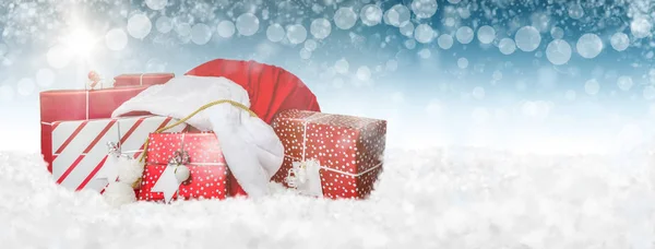 Noel Noel Baba Çuvalı Ile Web Banner Ile Düşen Kar — Stok fotoğraf