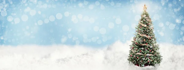 雪が降って Web バナーの背景で屋外クリスマス ツリー — ストック写真