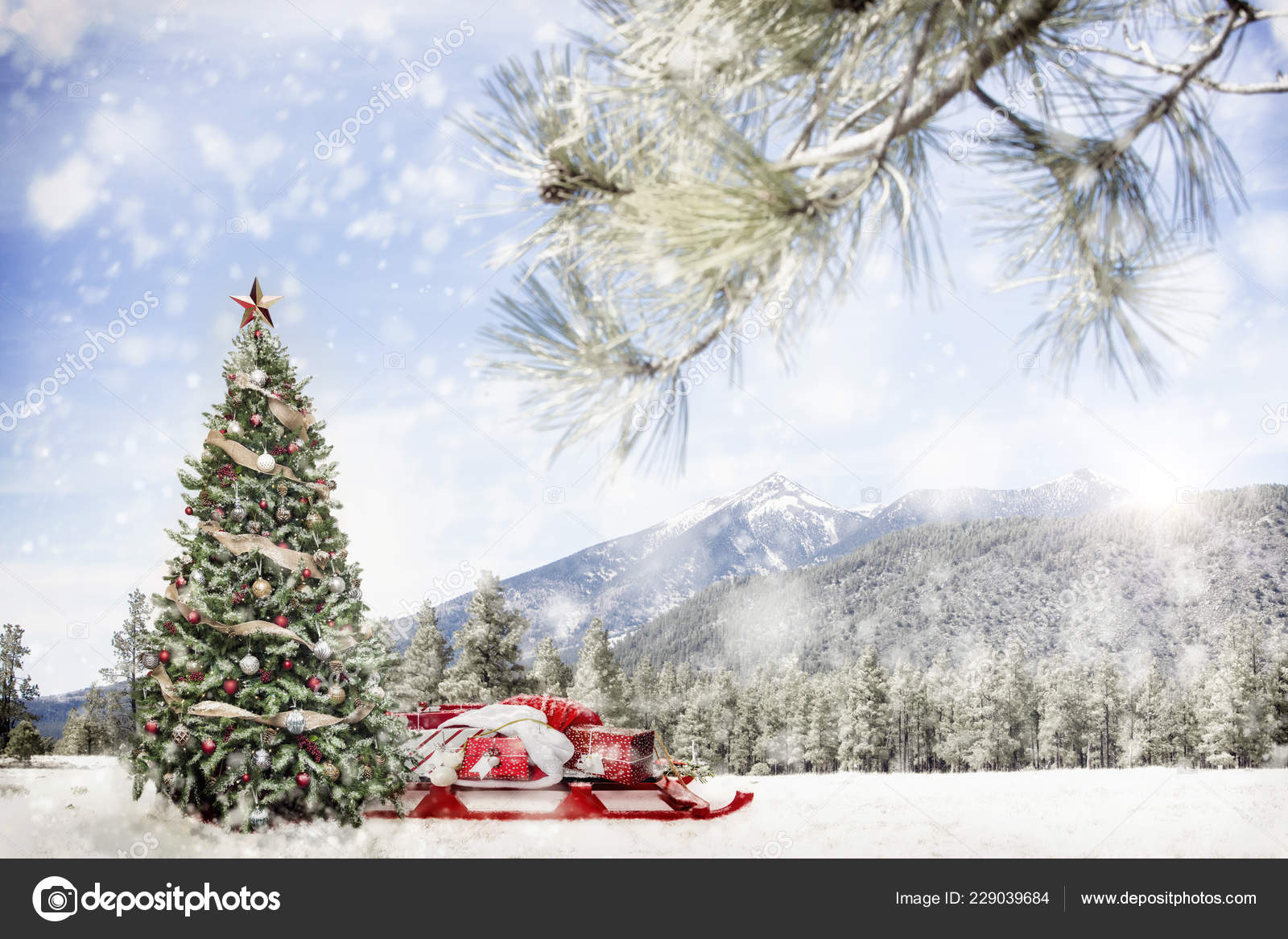 Christmas Tree Santa Claus Sleigh Gifts Snowy Winter Outdoor Scene