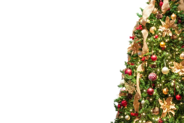 Polovina Strany Vánoční Strom Zdobí Červené Zlaté Ozdoby Pytlovina Stuhy — Stock fotografie