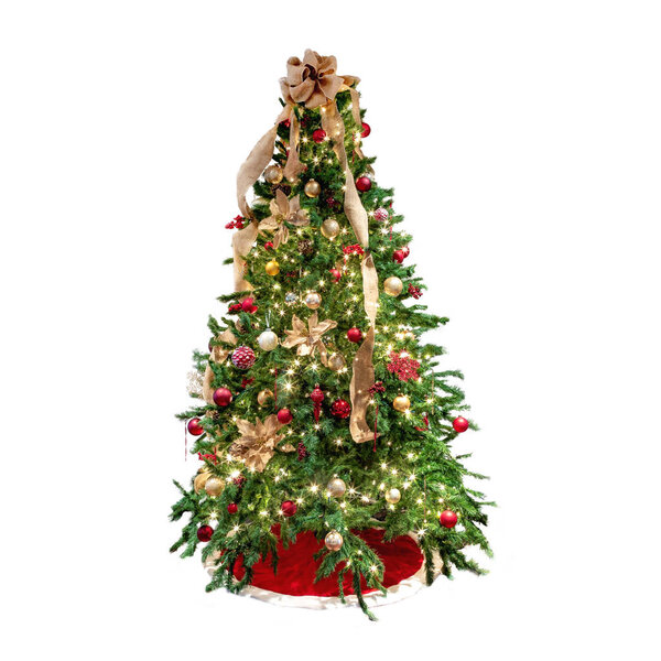 Christmas tree decorated with red and gold baubles and burlap ribbons 