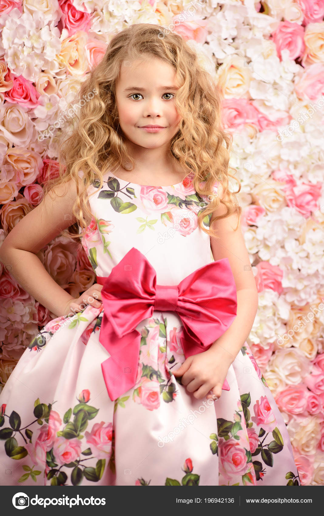 Portrait Cute Little Girl Beautiful Summer Dress Blonde Curly Hair