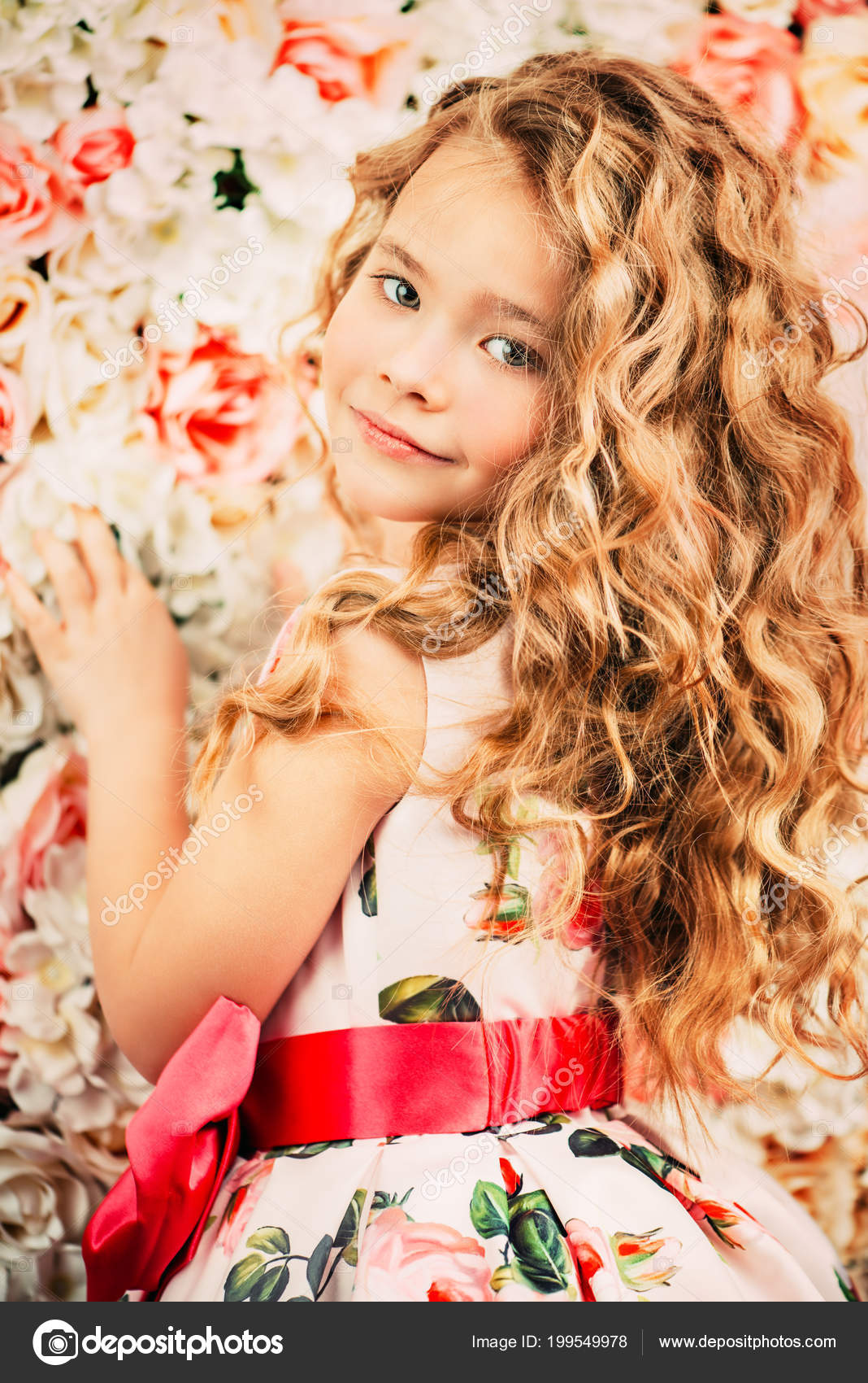 Portrait Cute Little Girl Beautiful Summer Dress Blonde Curly Hair