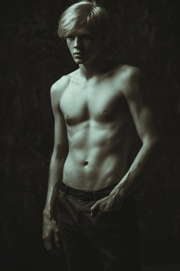Portre gömleksiz bir gencin stüdyoda poz sarışın saçlı. Gri arka plan. Erkek Sağlığı.