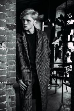 Bir caf kareli ceket sarışın bir adam portresi. Moda vurdu. Erkek güzelliği.