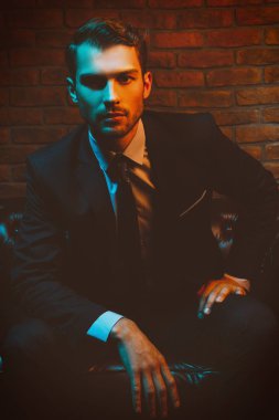 Şık elbiseli klasik lüks iç dairelerinde oturan saygın yakışıklı adam. Erkek güzelliği, moda.