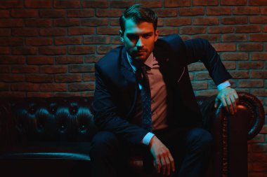 Şık elbiseli klasik lüks iç dairelerinde oturan saygın yakışıklı adam. Erkek güzelliği, moda.