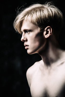 Portre gömleksiz bir gencin stüdyoda poz sarışın saçlı. Gri arka plan. Erkek Sağlığı.