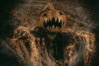 Korkunç bir Jack-fener kafasında bir kabak ile siyah beyaz portre. Cadılar Bayramı efsane.