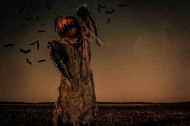 Cadılar Bayramı efsane. Jack-fener portresi balkabağına korkuluk olarak kafa onun ayakta alanındaki tarih ile. 