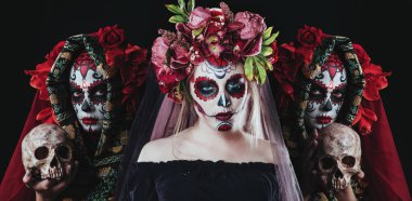 Calavera Catrina 'nın portresi. Şeker kafa makyajı. Dia de los muertos. Ölüler Günü. Cadılar Bayramı. 
