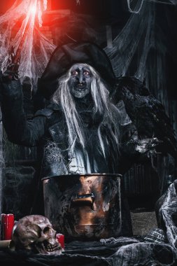 Bir cadı prepering büyü olduğunu. Halloween kılık. Korku filmi.