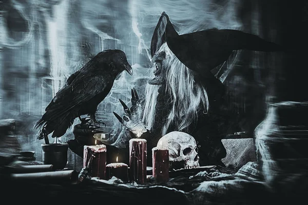 Scary wizard with raven. Halloween. Horror film.