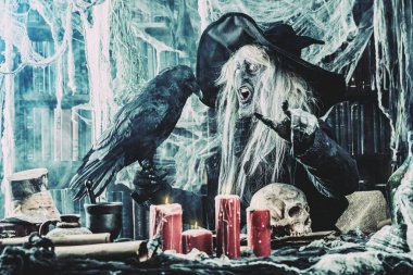 Kuzgun korkunç sihirbazla. Cadılar Bayramı. Korku filmi.