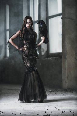 Bir kuzgun harabeye ile güzel bir esmer bayan. Gece elbisesi. Moda, güzellik.