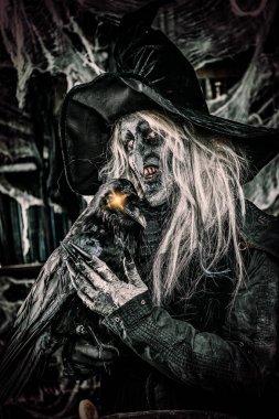 Kuzgun korkunç sihirbazla. Cadılar Bayramı. Korku filmi.