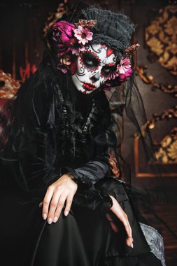 Calavera Catrina iç oturuyor. Şeker kafatası makyaj. Dia de los muertos. Ölülerin günü. Cadılar Bayramı.