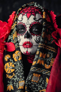 Calavera Catrina portresi. Şeker kafatası makyaj. Dia de los muertos. Ölülerin günü. Cadılar Bayramı.