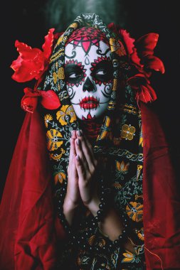 Calavera Catrina portresi. Şeker kafatası makyaj. Dia de los muertos. Ölülerin günü. Cadılar Bayramı.