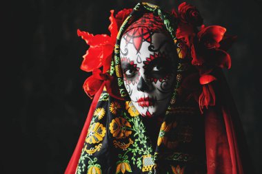 Calavera Catrina portresi. Şeker kafatası makyaj. Dia de los muertos. Ölülerin günü. Cadılar Bayramı.