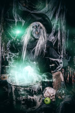 Bir cadı büyü hazırlanıyor. Halloween kılık. Korku filmi.