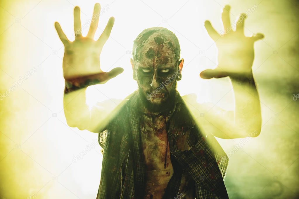 A portrait of a creepy scary zombie. Halloween. Horror film.