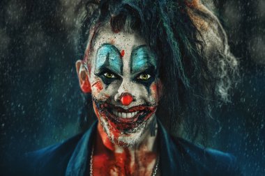 Yakın çekim portre bir korkutucu punk palyaço adamın gece orman kan bulaşmış. Cadılar Bayramı. Korku, gerilim filmi.