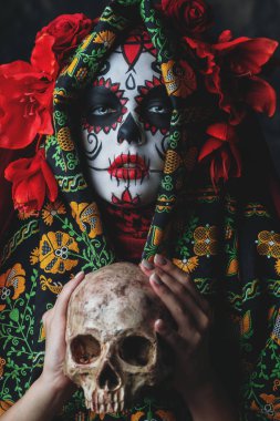 Calavera Catrina portresi. Şeker kafatası makyaj. Dia de los muertos. Ölülerin günü. Cadılar Bayramı.