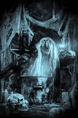 Bir cadı büyü hazırlanıyor. Halloween kılık. Korku filmi.