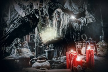 Siyah bir kuzgun korkunç bir sihirbazla portresi. Cadılar Bayramı. Korku filmi.