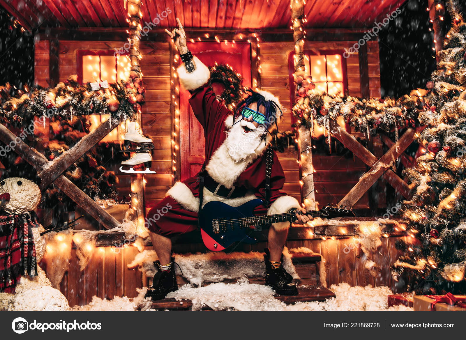 Cool Rocker Santa Claus Costume Luminous Glasses Plays Guitar Festively Stock Photo C Prometeus