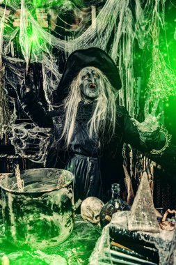 Bir cadı büyü hazırlanıyor. Halloween kılık. Korku filmi.