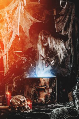 Bir cadı büyü hazırlanıyor. Halloween kılık. Korku filmi.