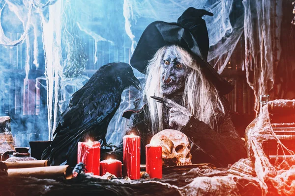 A portrait of a scary wizard with a black raven. Halloween. Horror film.