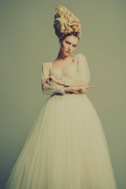 Kabarık elbise ve stüdyoda gri arka plan üzerinde poz soğuk bir güzel Bayan portresi. Güzellik, kozmetik, saç modeli, moda.