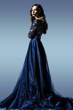 Güzel esmer bir bayanın uzun bir portresi. Gece elbisesi. Moda, güzellik.