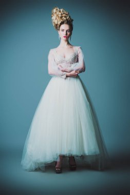 Kabarık elbise ve stüdyoda gri arka plan üzerinde poz soğuk bir güzel bayan bir tam uzunlukta portresi. Güzellik, kozmetik, saç modeli, moda.